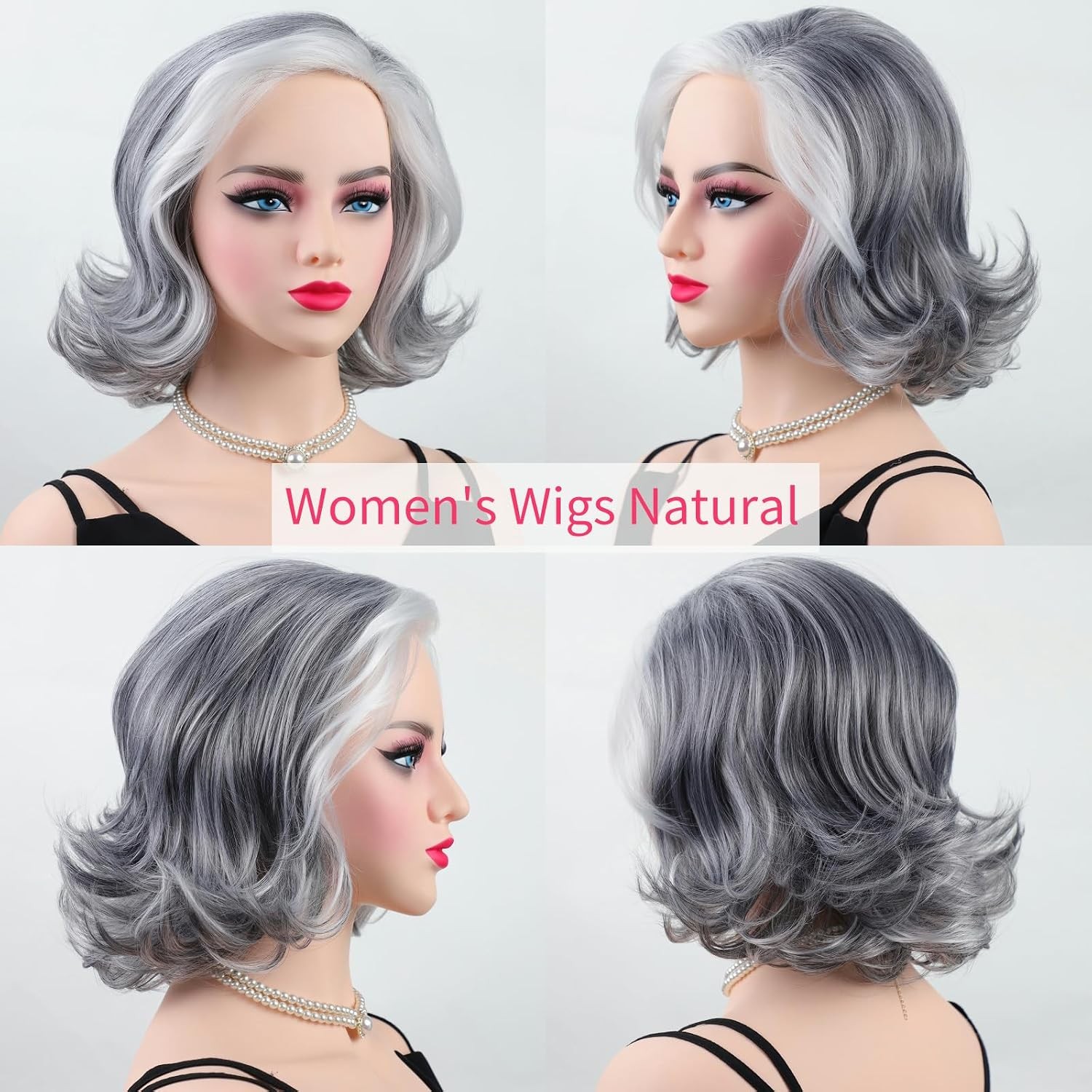 Mid-length Grey Wavy Bob Wigs for Women Short Gray Curly Synthetic Wig