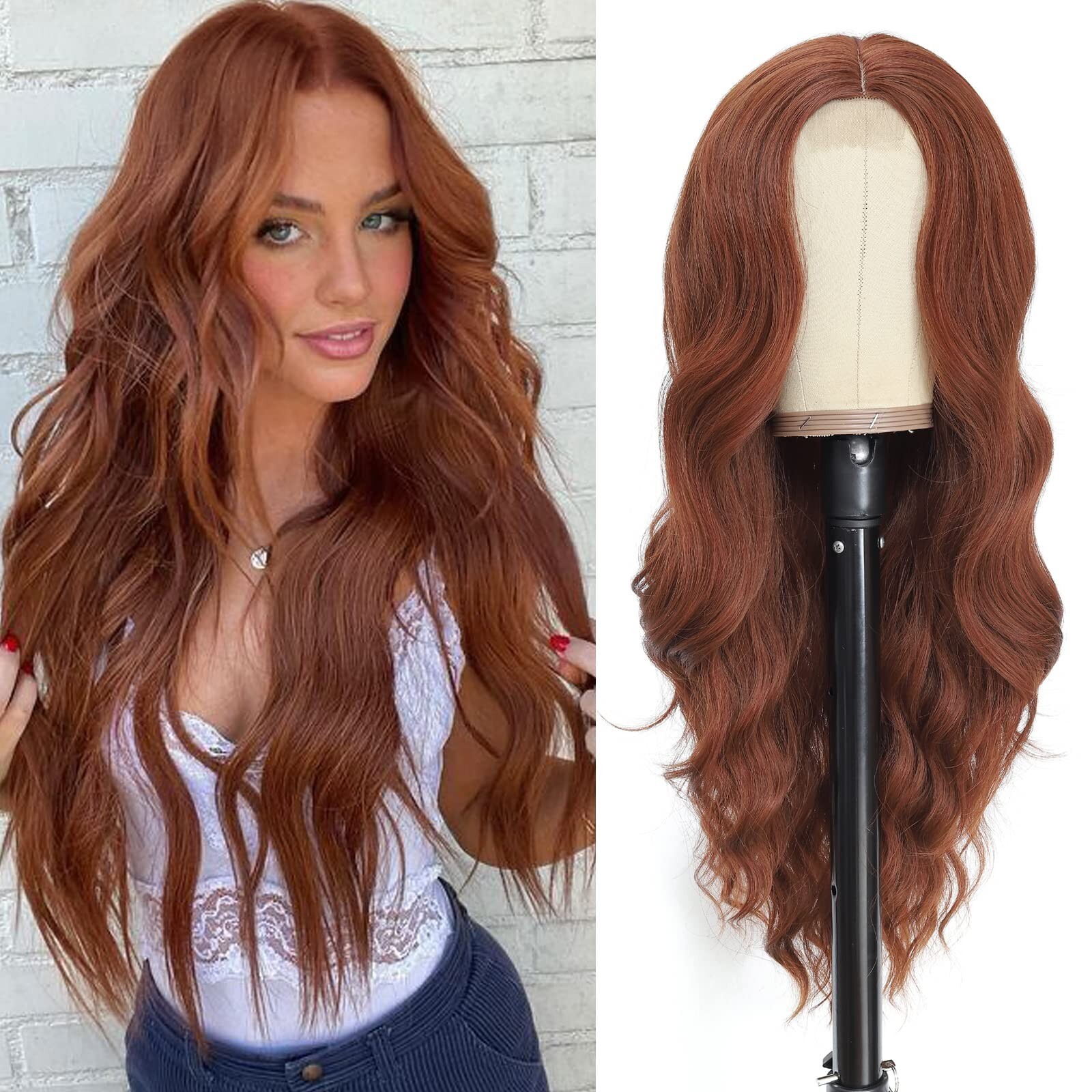 NAYOO Long Auburn Wavy Wig for Women 26 Inch Middle Part Curly Wavy Wig Natur…