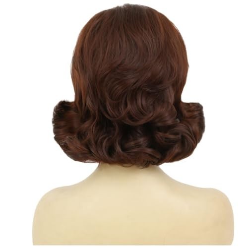 Vintage Brown Curly Bouffant Wig for Women – 50s 60s Retro Costume Hair with Ban