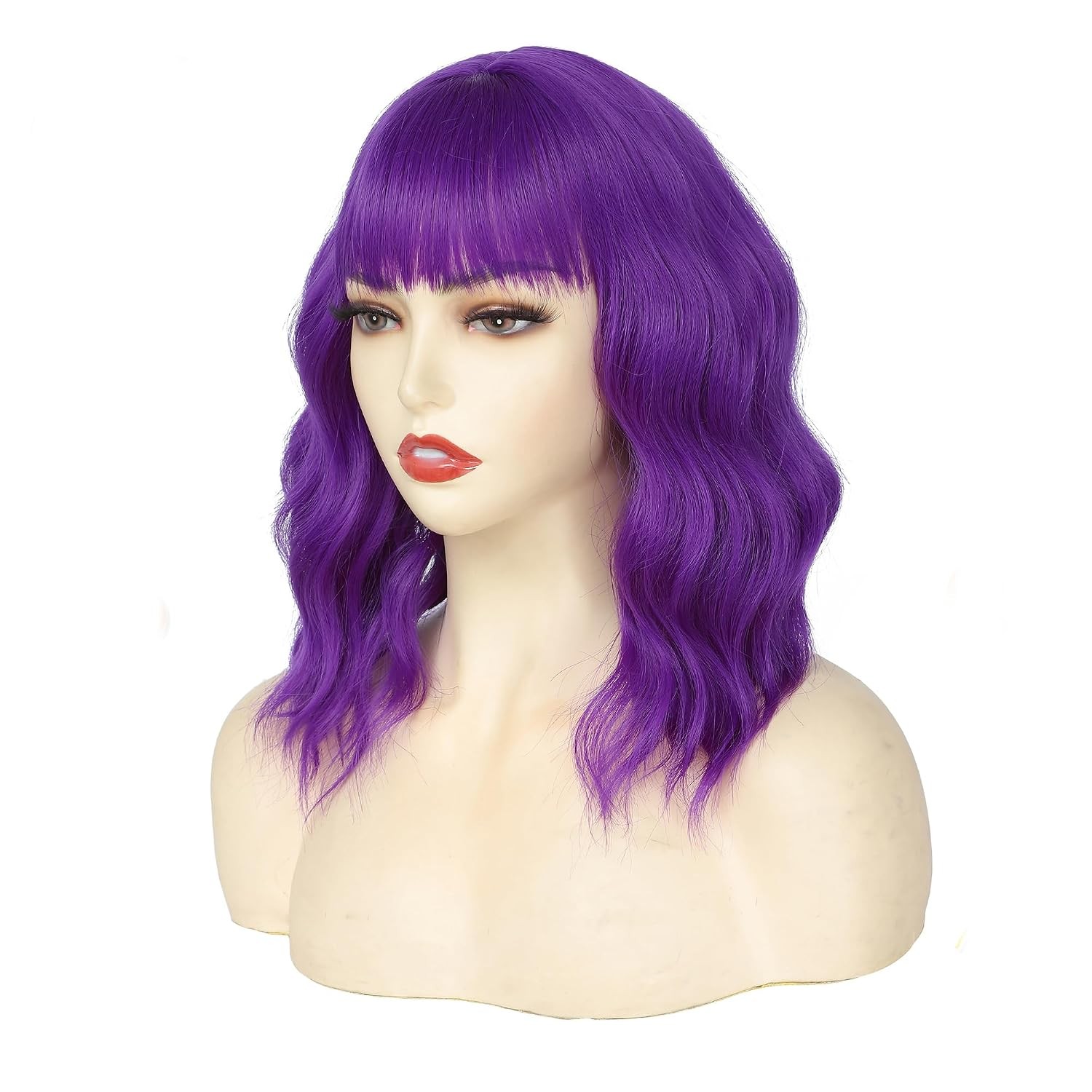 Purple Wig with Bangs Short Bob Wigs for Women Dark Purple Curly Wig Shoulder