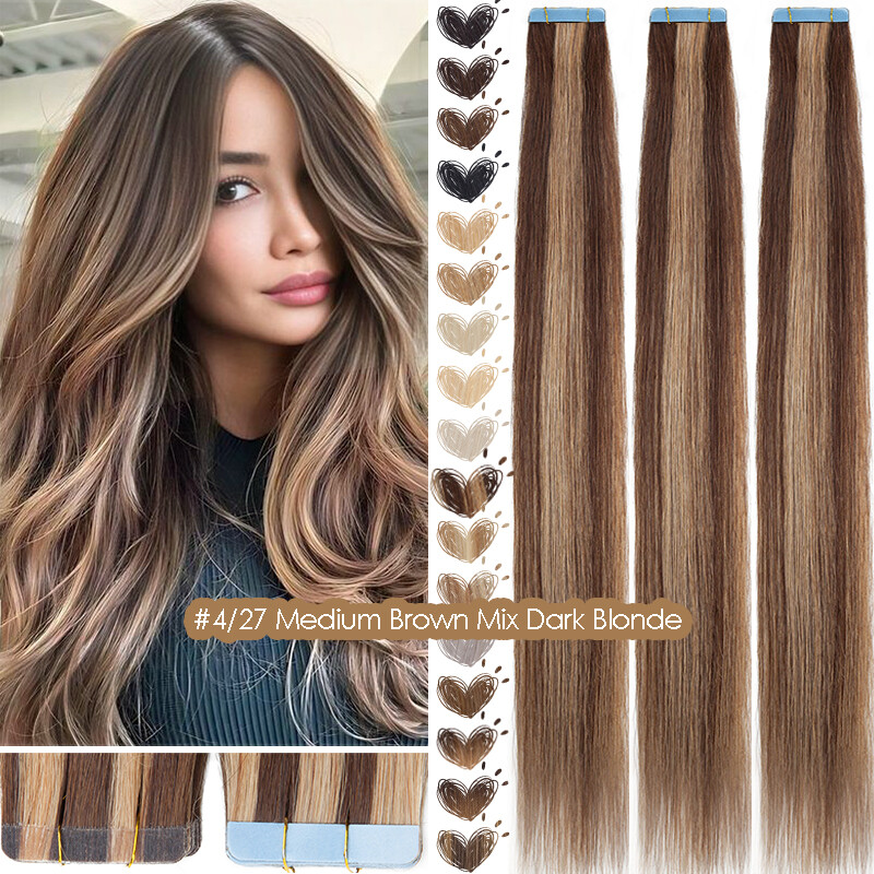 100% Real Remy Hair Tape In Russian Human Hair Extensions Skin Weft Ombre Brown
