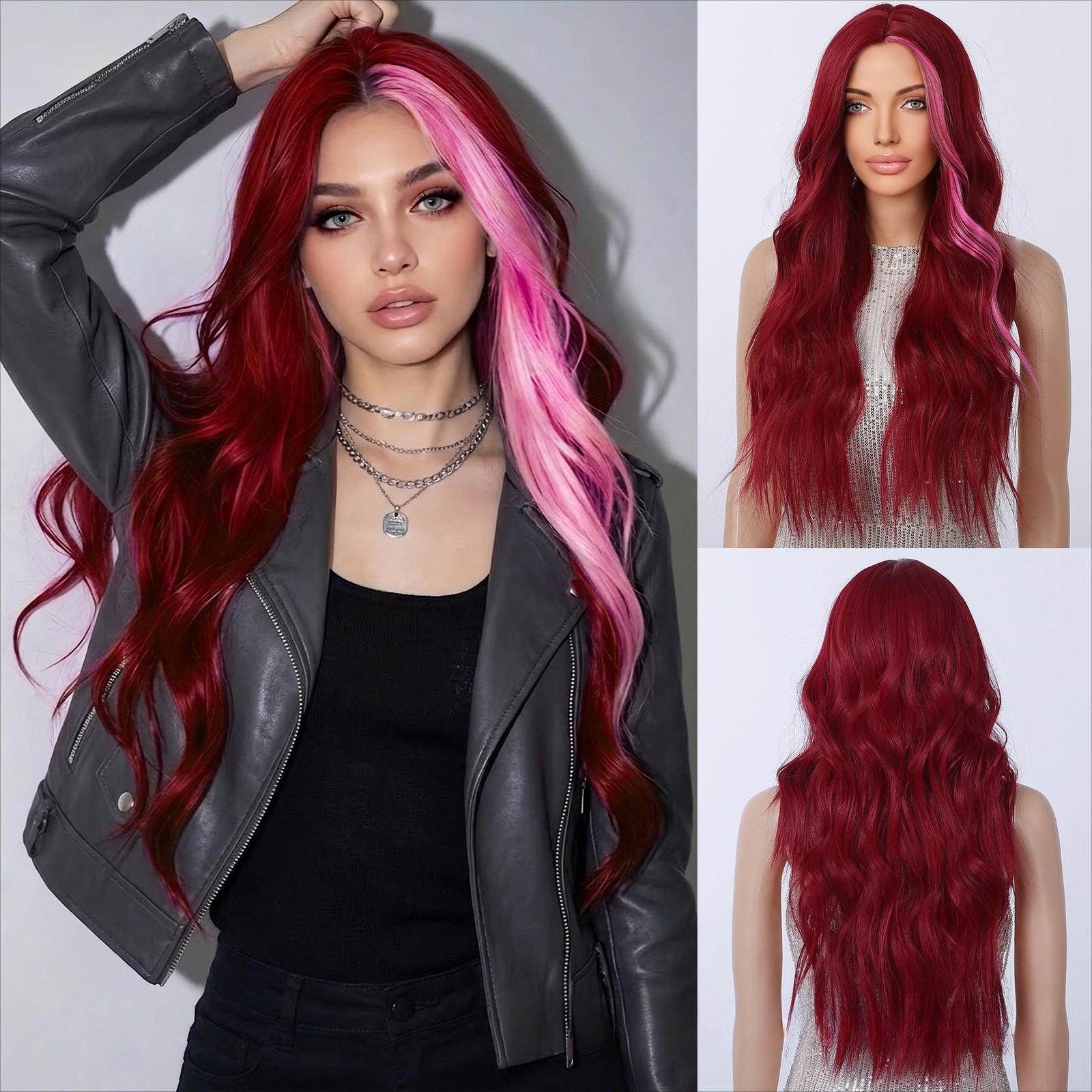 26″ Wine Red Pink Highlight Wig Long Wavy Synthetic Hair Wig for Women Middle