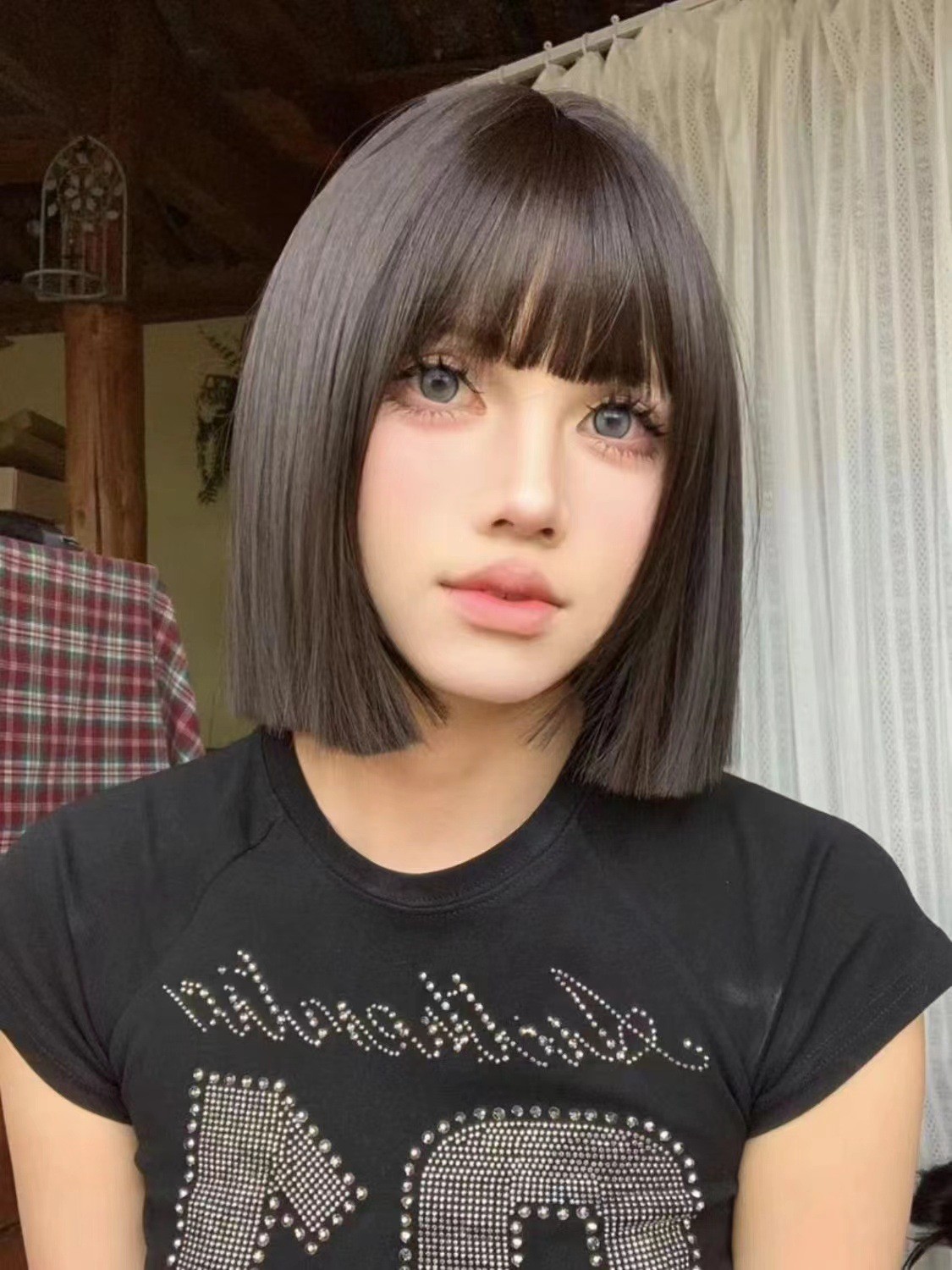 Blunt Cut Short Bob Wig Rose Net Breathable Heat Resistant Synthetic Full Head
