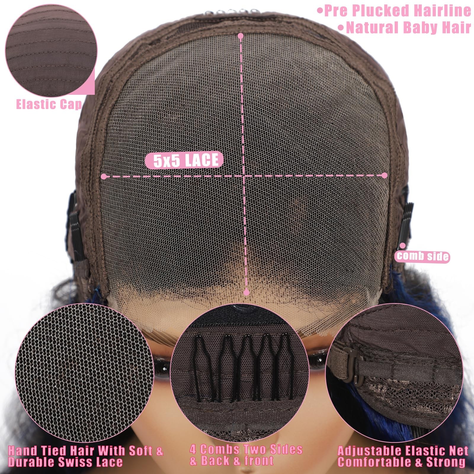 Dliliboon 180 Density Black Highlights Blue 5X5 Lace Front Human Hair Wigs For