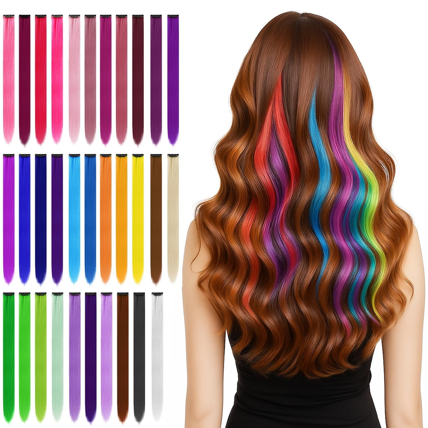 32 PCS Clip in Colored Hair Extensions for Kids, 20 Inches Rainbow Long Straight