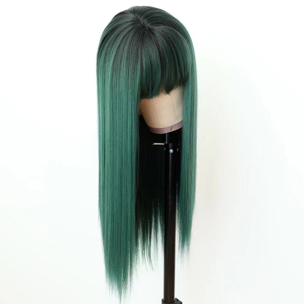 Ombre Green Wigs Full Neat Bangs Long Straight Women Synthetic Fiber Hair Party