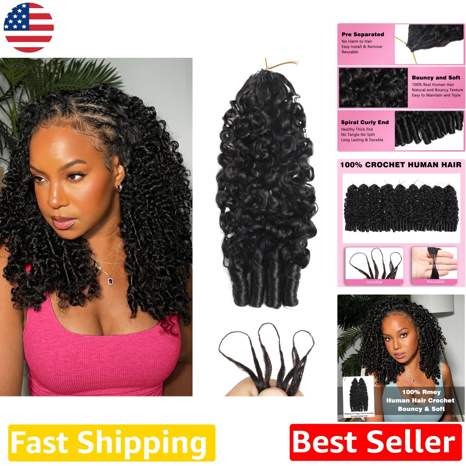 Soft 16″ Remy Curly Human Hair Crochet – Lightweight Burmese, Knotless, Reusable
