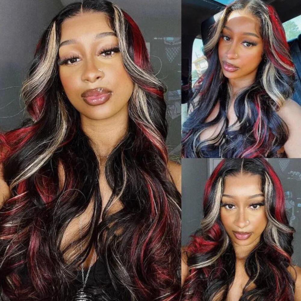 Malaysian Highlight Blonde Body Wave 13×4 Lace Front Wig Human Hair Skunk Stripe