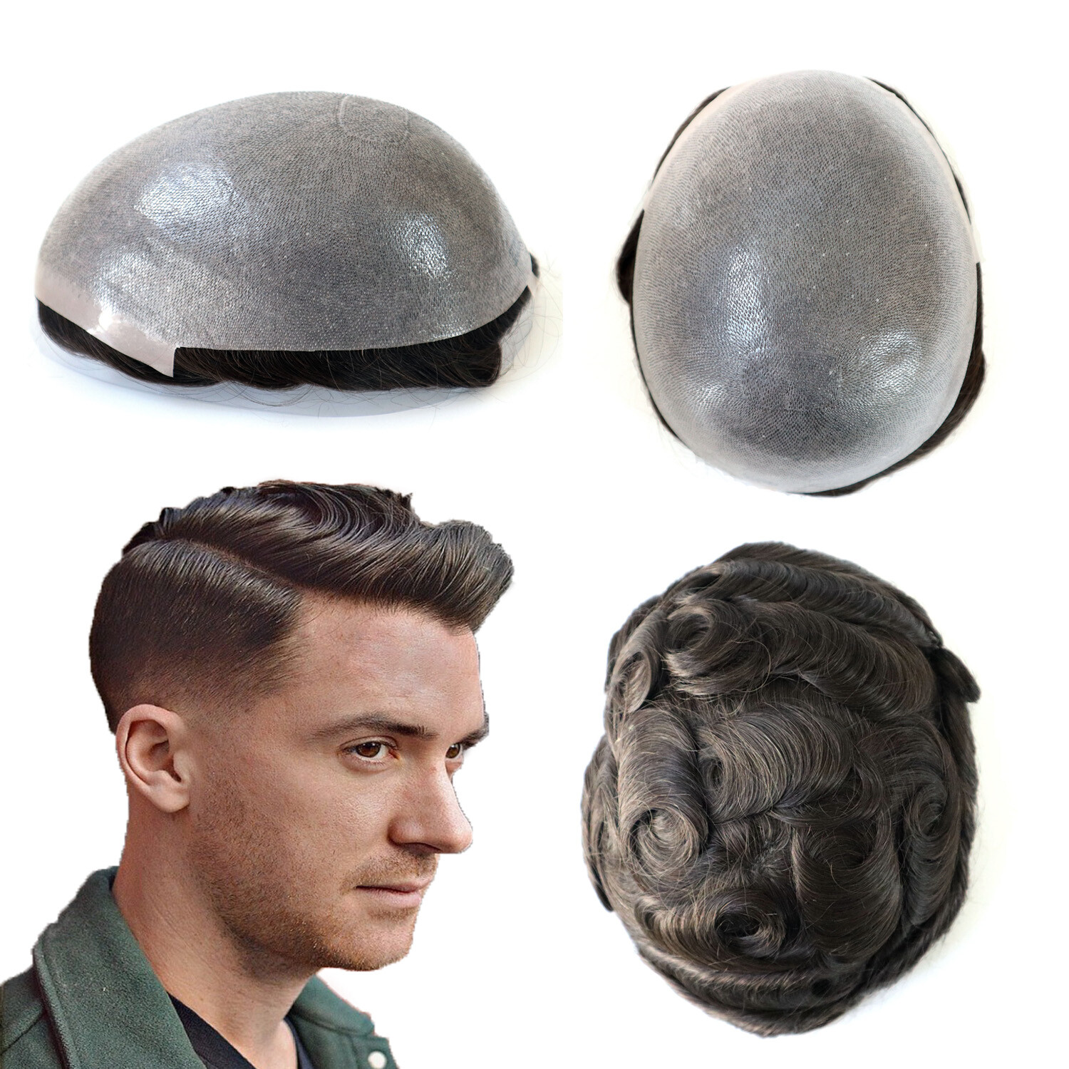 Mens Hair Replacement System Natural Thin Skin V-Loop Toupee Human Hairpieces #2