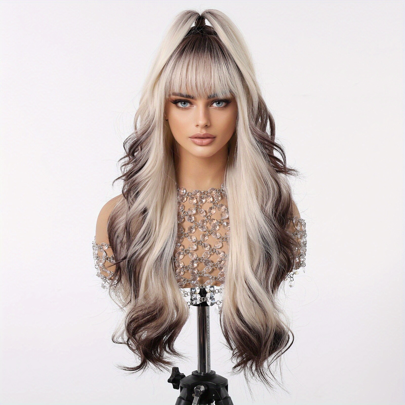 28 Inch Gradient Brown Wig with Bangs Women’s Blonde Mixed Brown Wig