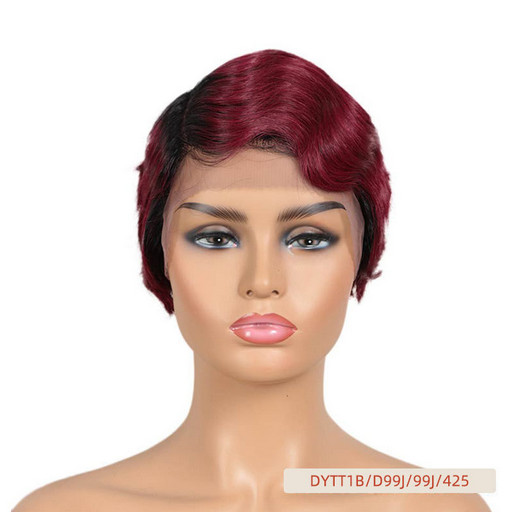 Pixie Cut Finger Wave Human Hair Wigs Lace T-Part Natural Looking Womans Wigs