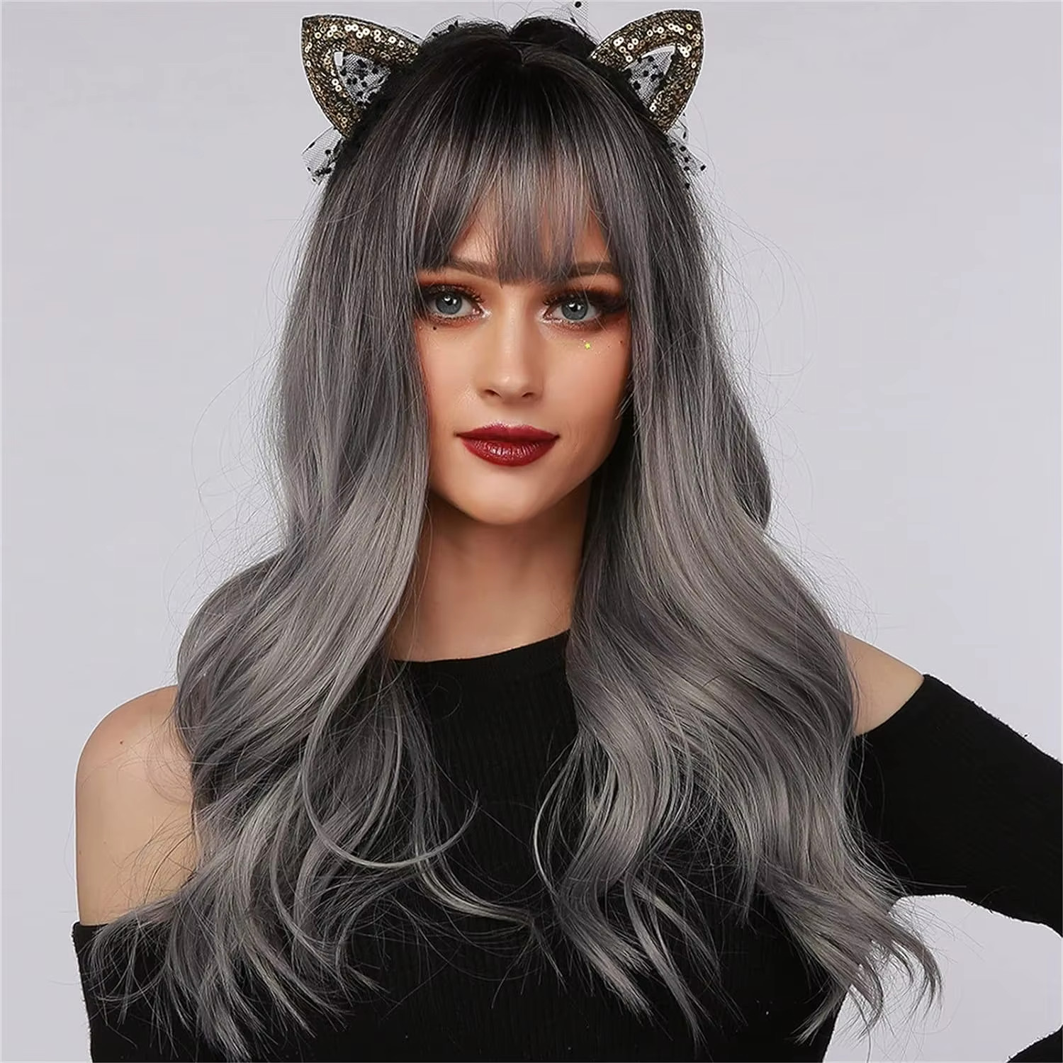 Long Wavy Silver Ash Ombre Cosplay Synthetic Wigs Natural Curly Gray Black Hair