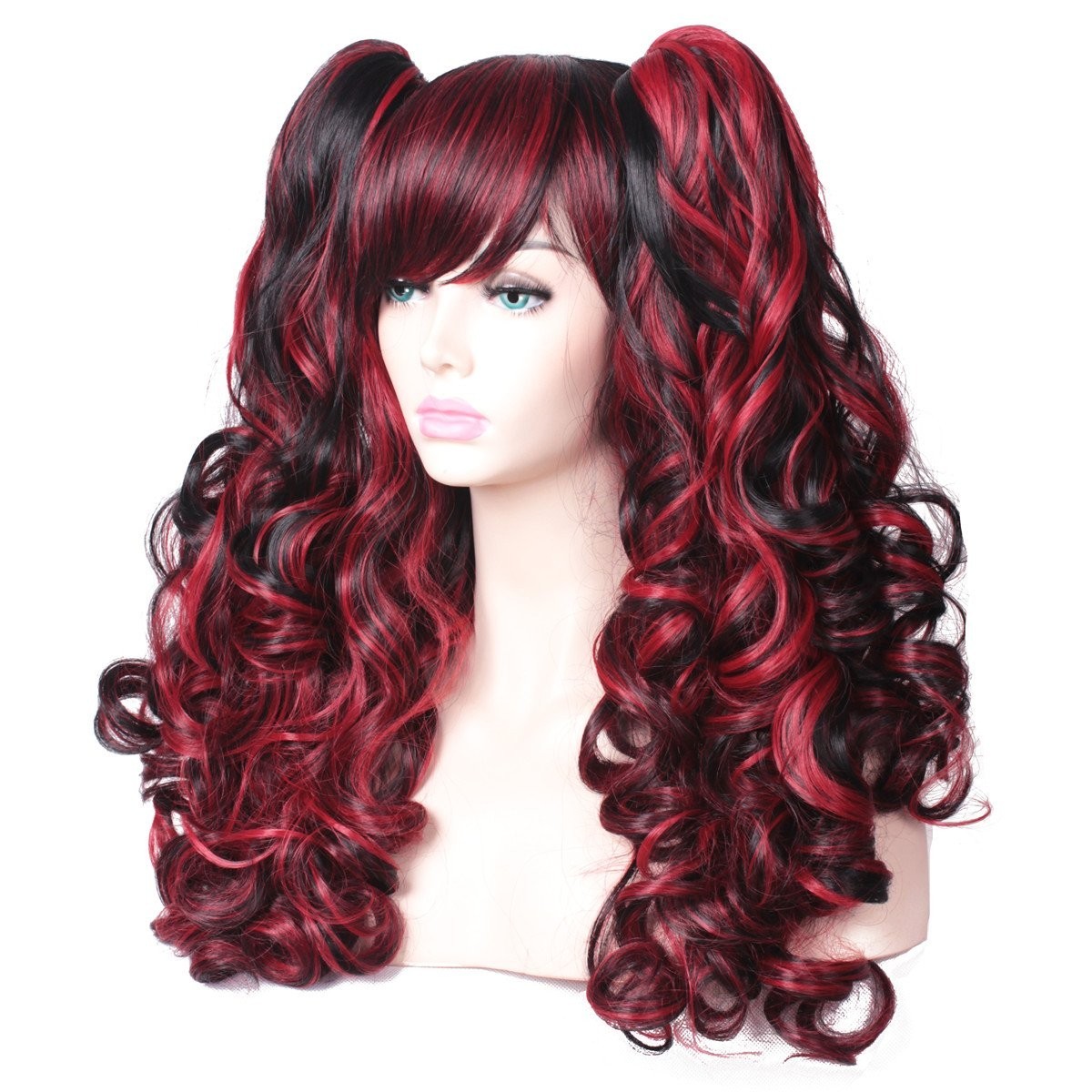 Long Curly Multi-Color Cosplay Wig with 2 Ponytails Black with Red