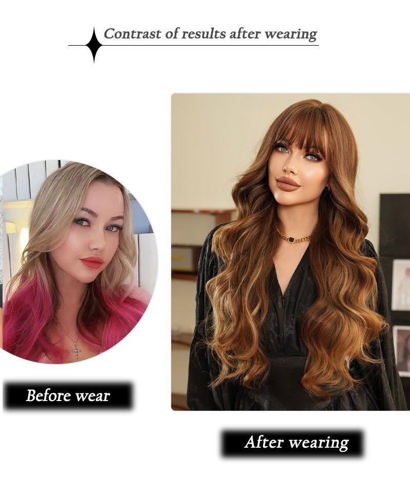 Golden highlighted long curly hair with big waves and bangs wigs