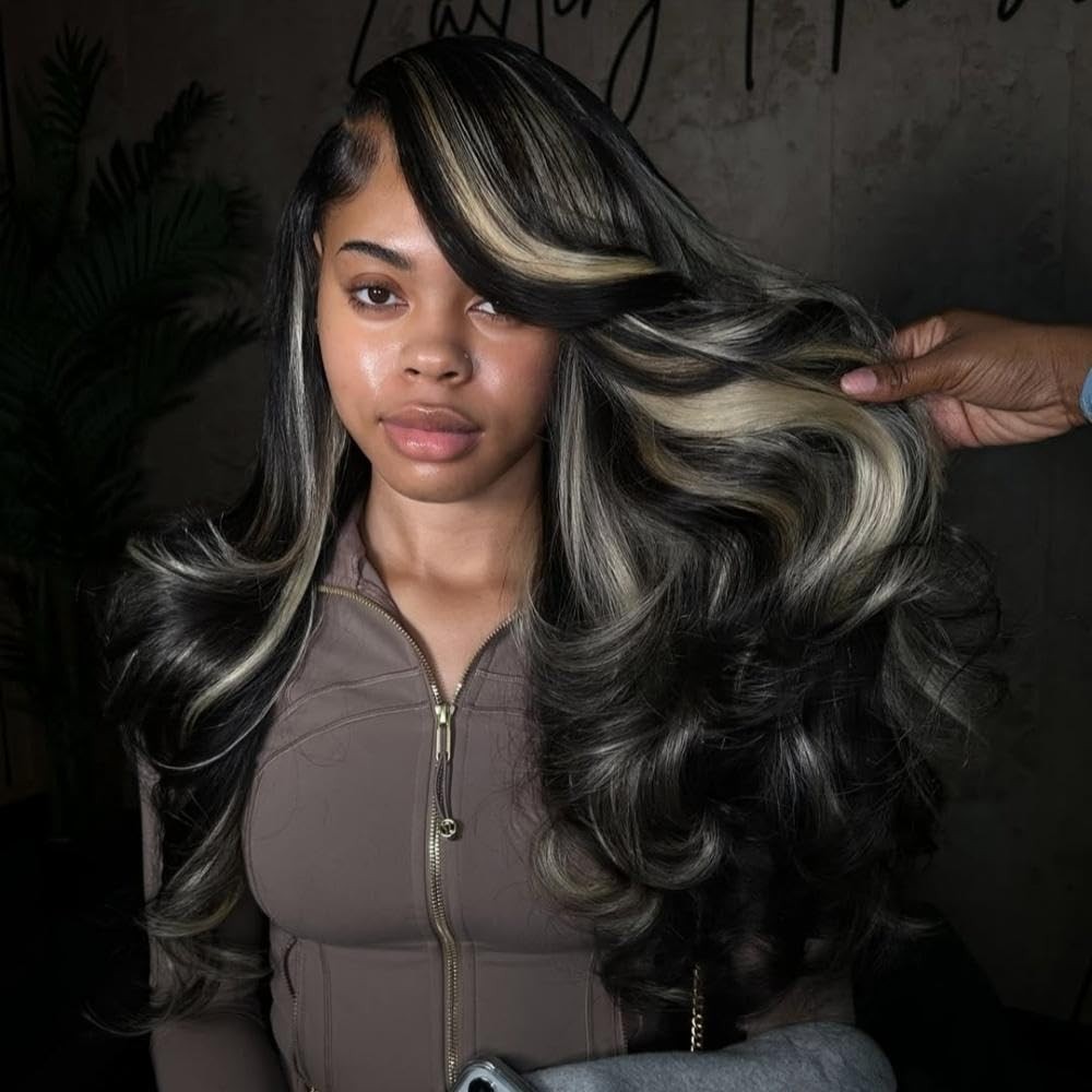 26″ Brazil Human Hair Wig Black+Blonde Highlight Body Wave 13×6 Lace Front 1B/27