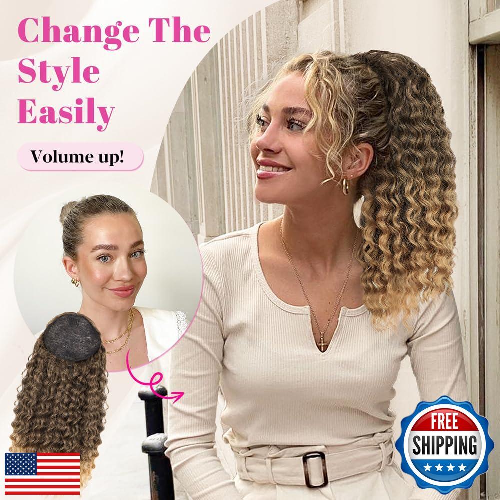 ALXNAN Wavy Curly Ponytail Extension, 18″ Ombre Brown to Blonde Drawstring Po