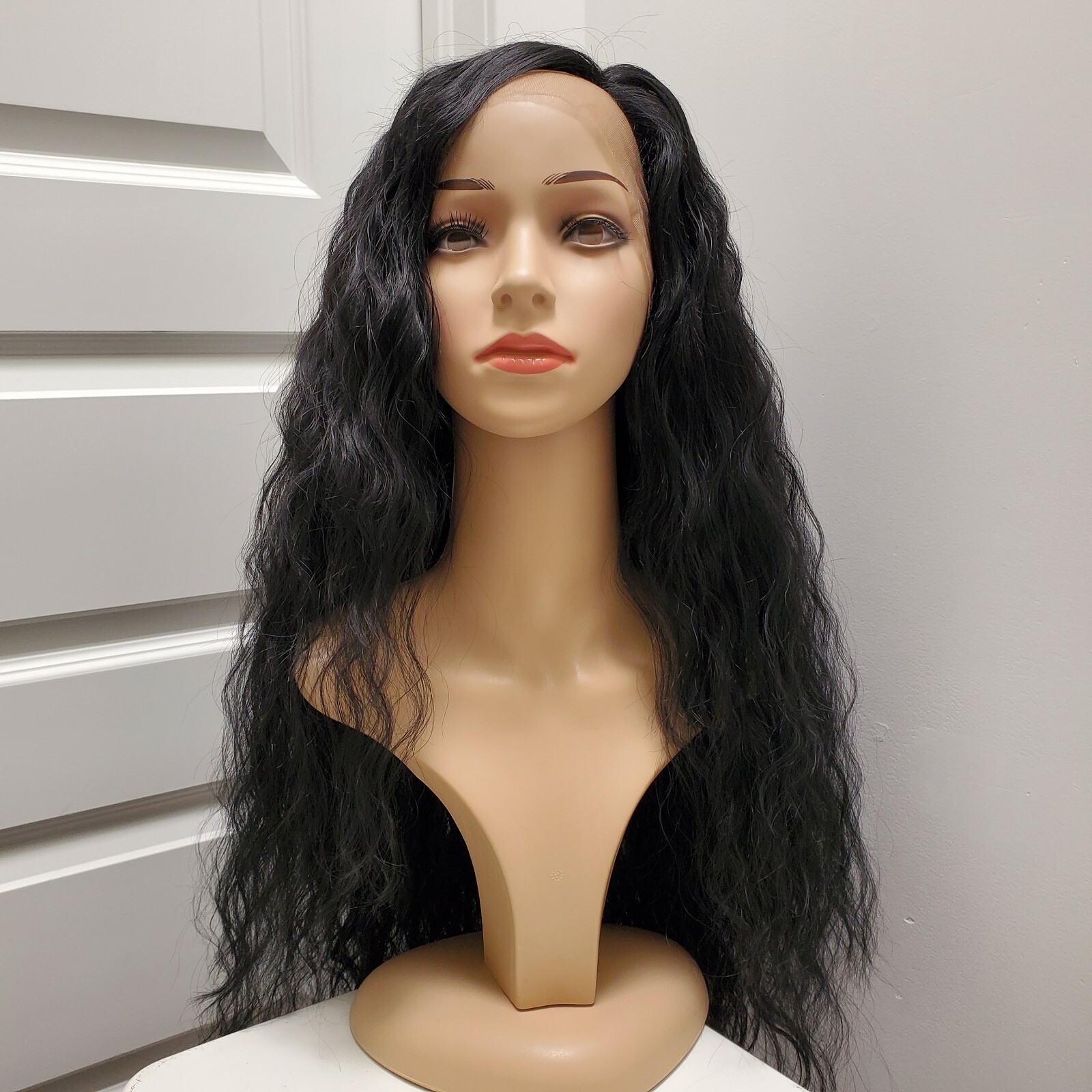 Good Quality Fashion Long Wavy Black Synthetic Lace Front Wig Size S to M