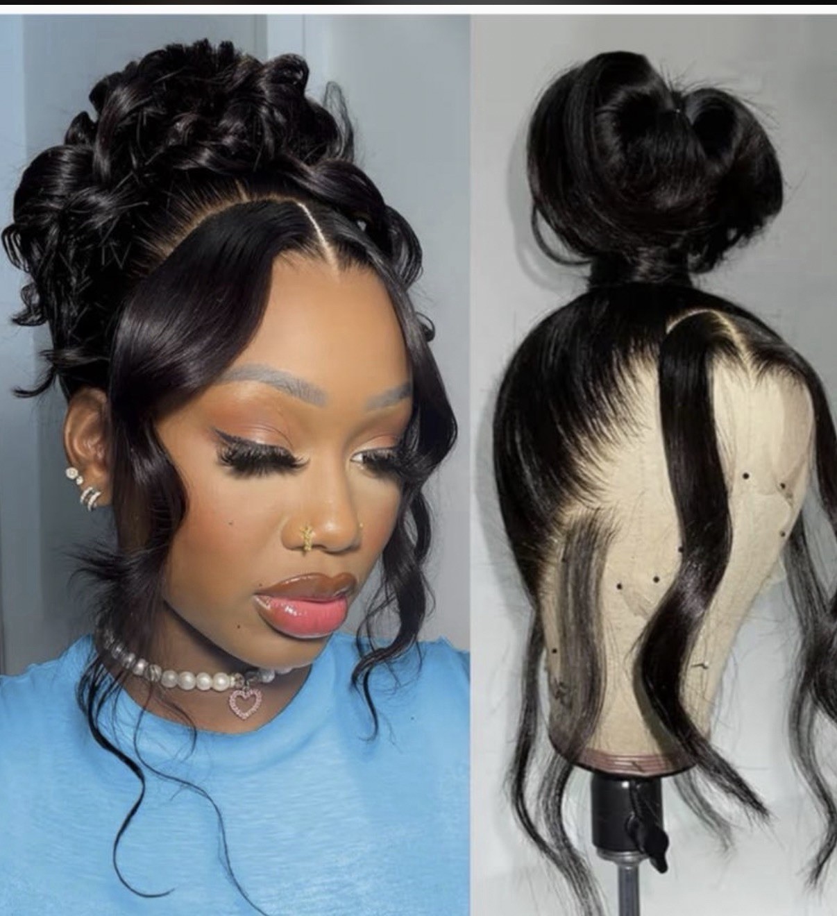 Lace Front Wavy Updo Wig Black Free-Part Fashion Hairpiece for Women