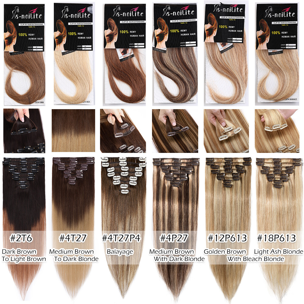 100% Human Hair Clip In Remy Hair Extensions Real Soft FULL HEAD Invisible Grey#