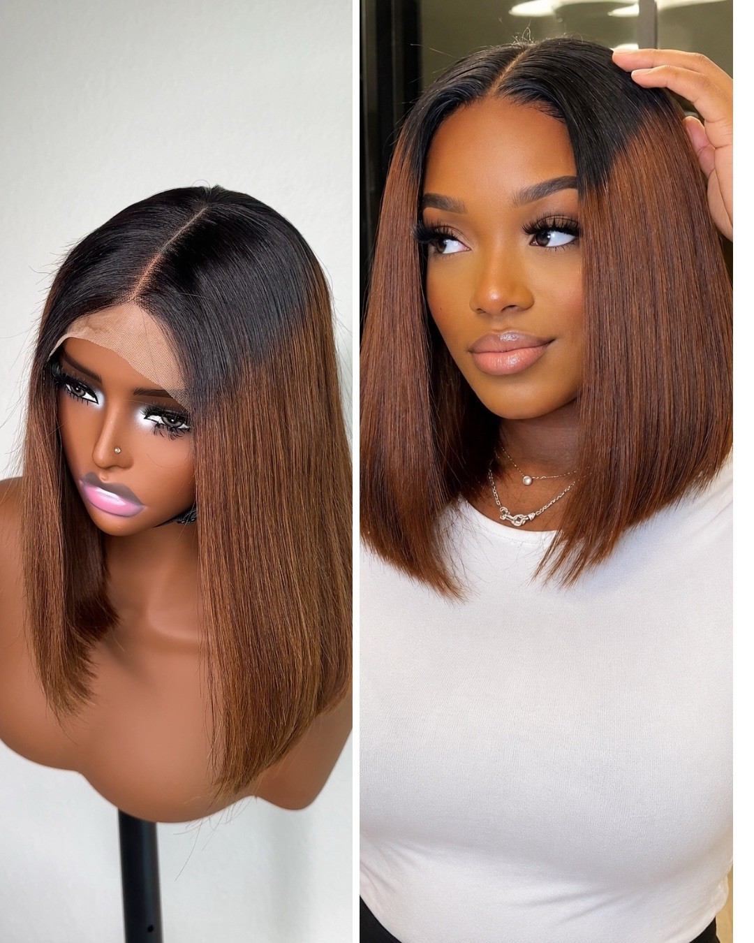 12” Human Hair Bob Wig 5×5 HD Lace Closure Wig Middle Part 1B/4 Brown Highlight