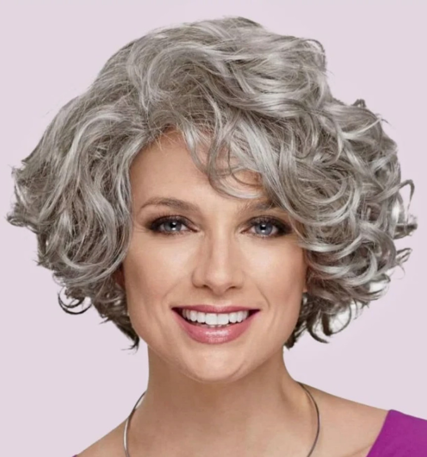 Short Curly Gray Color Synthetic Hair Heat Ok Wigs Women Soft Party Daily Use