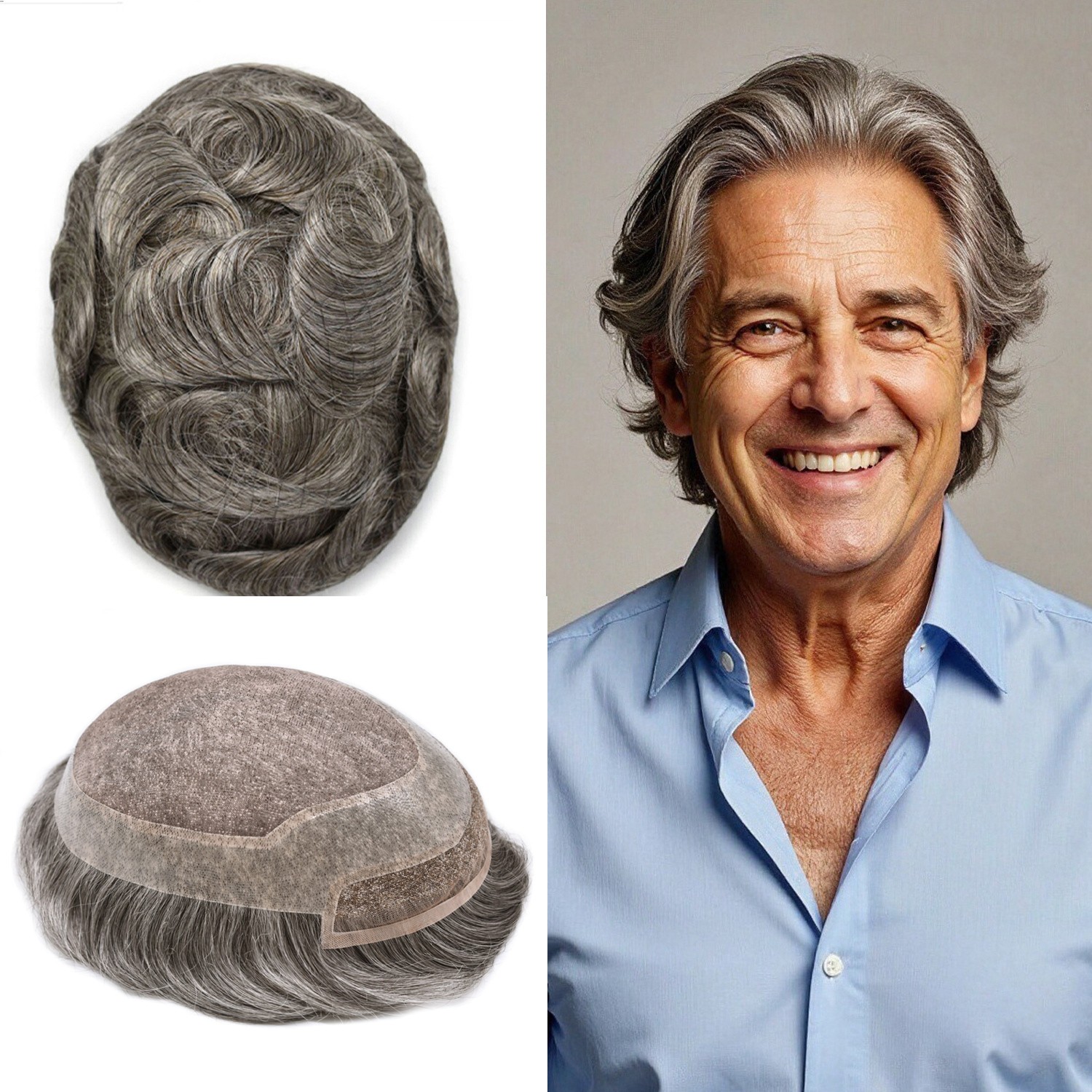 French Lace FrontToupee for Men HairSystem Replacement Mono Mens Hairpiece Wig