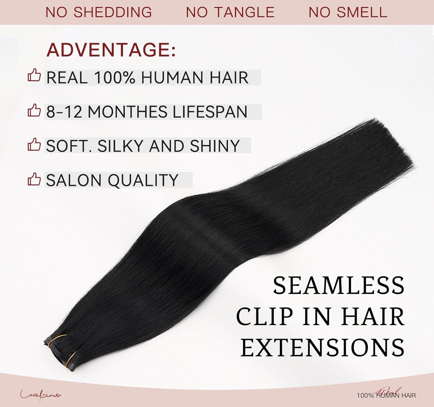 LOVELINE Luxury Remy 14-inch Clip-in Hair Extensions for Women — 110g, Jet Black