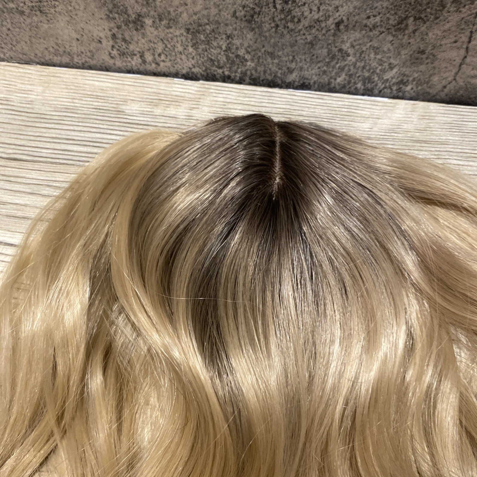 Long hair synthetic topper blonde wavy hair -brown roots- No Bangs rooted blonde
