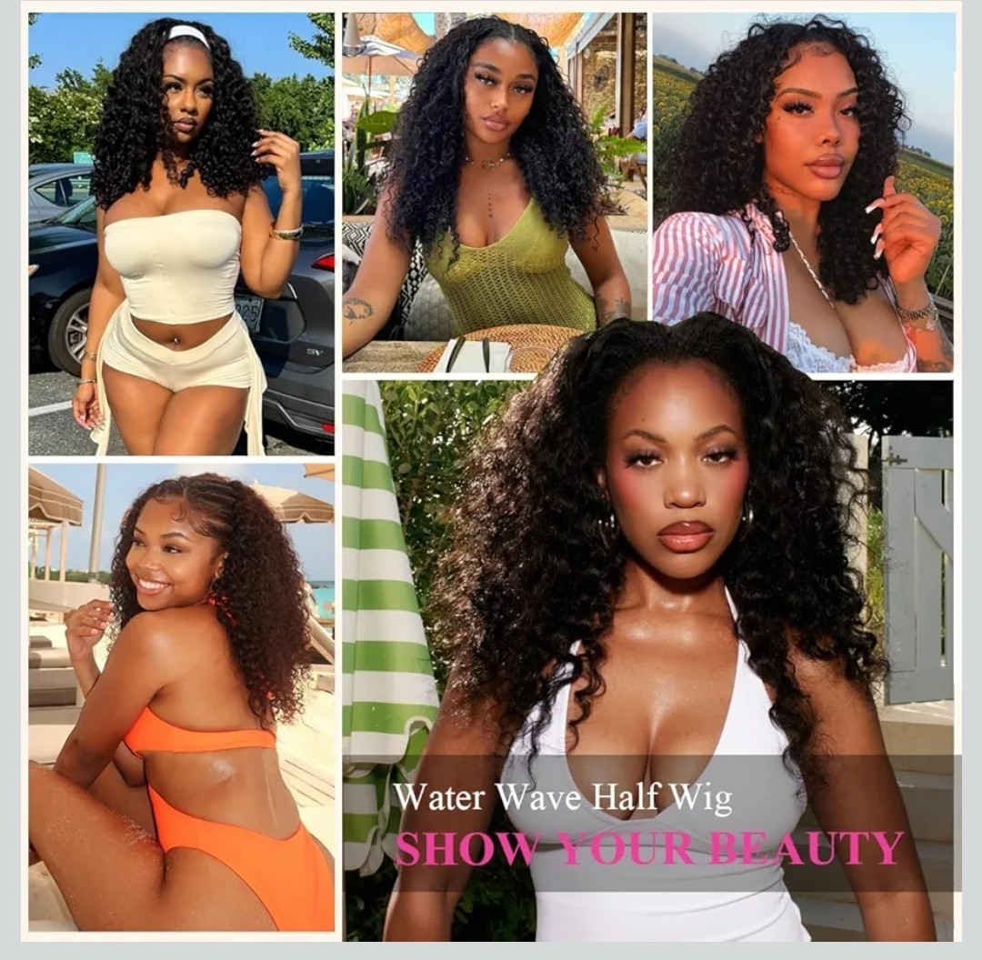 Human hair Water Wave Curly Half Wig 20in Adjustable Drawstring no glue Black