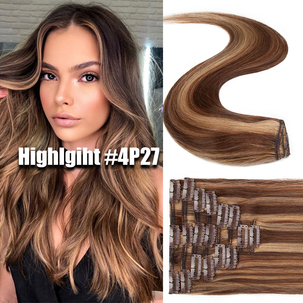 Clip In Hair Extensions 100% Real Remy Real Human Hair 8PCS Full Head Weft Ombre
