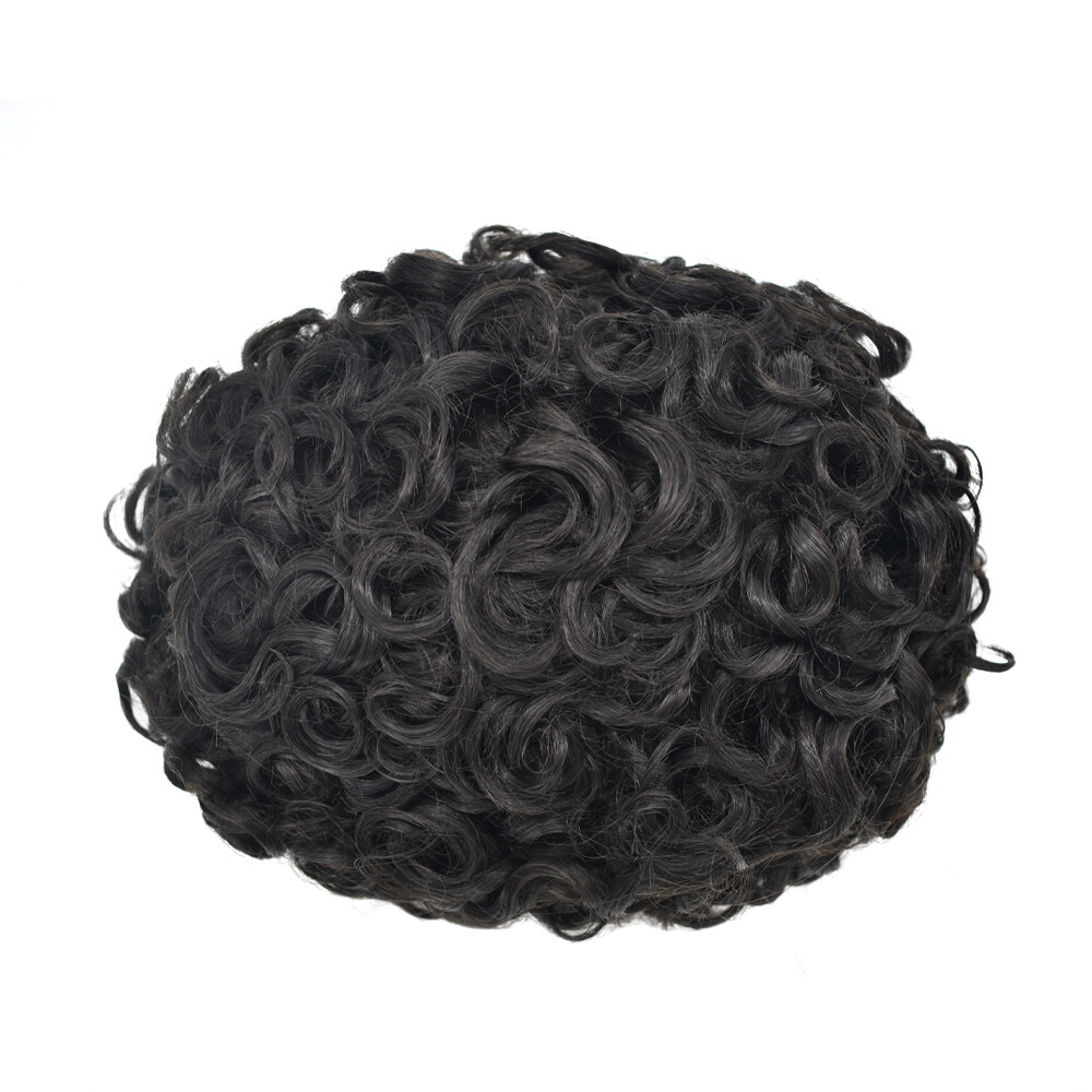 Curly Toupee for Black Men Full Poly Skin Human Hair System Mens Wigs 20MM 25MM