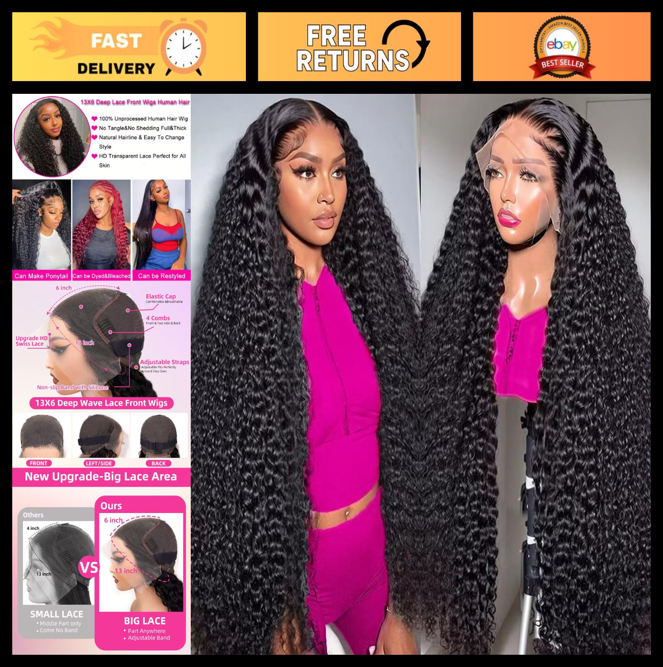30″ Deep Wave Lace Front Wig – 13×6 HD Transparent Curly Human Hair, 200% Densit
