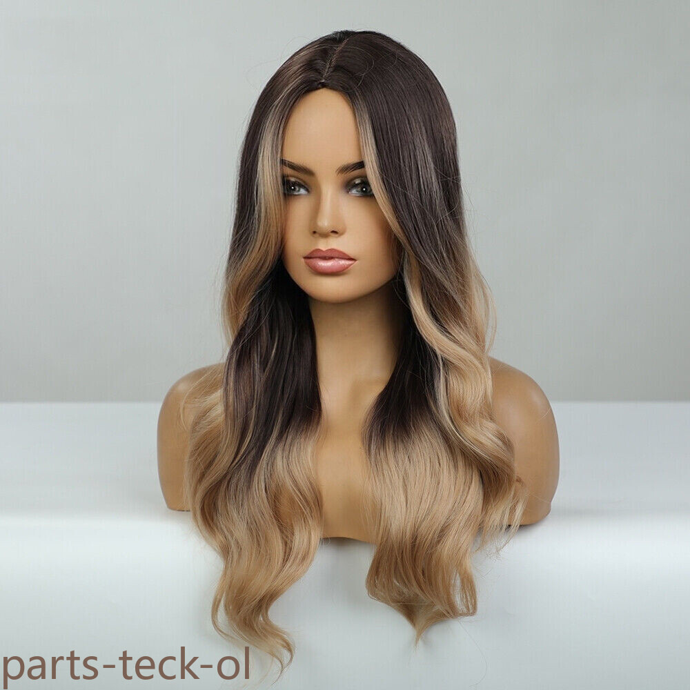 Fanshion Long Wavy Ombre Brown Light Blonde Synthetic Wigs for Women Hair Wig US