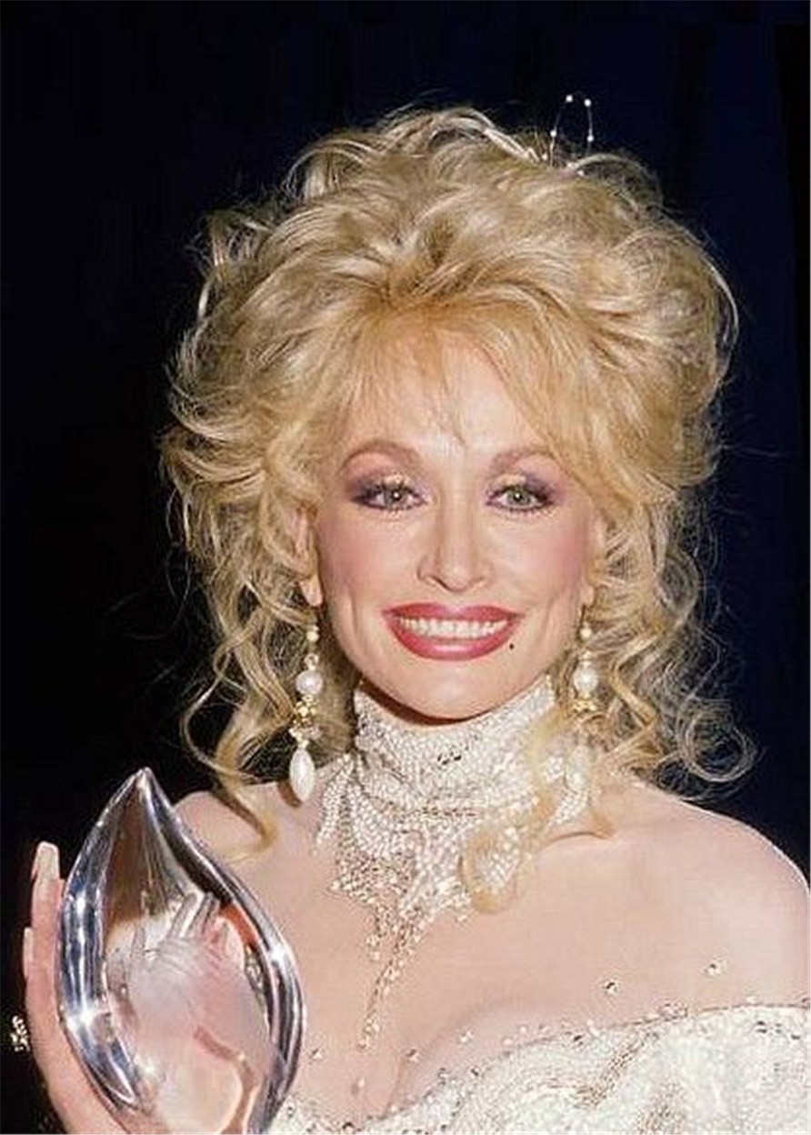 Dolly Parton Hairstyle Messy Feminine Layers Golden Wavy Synthetic Hair Wigs