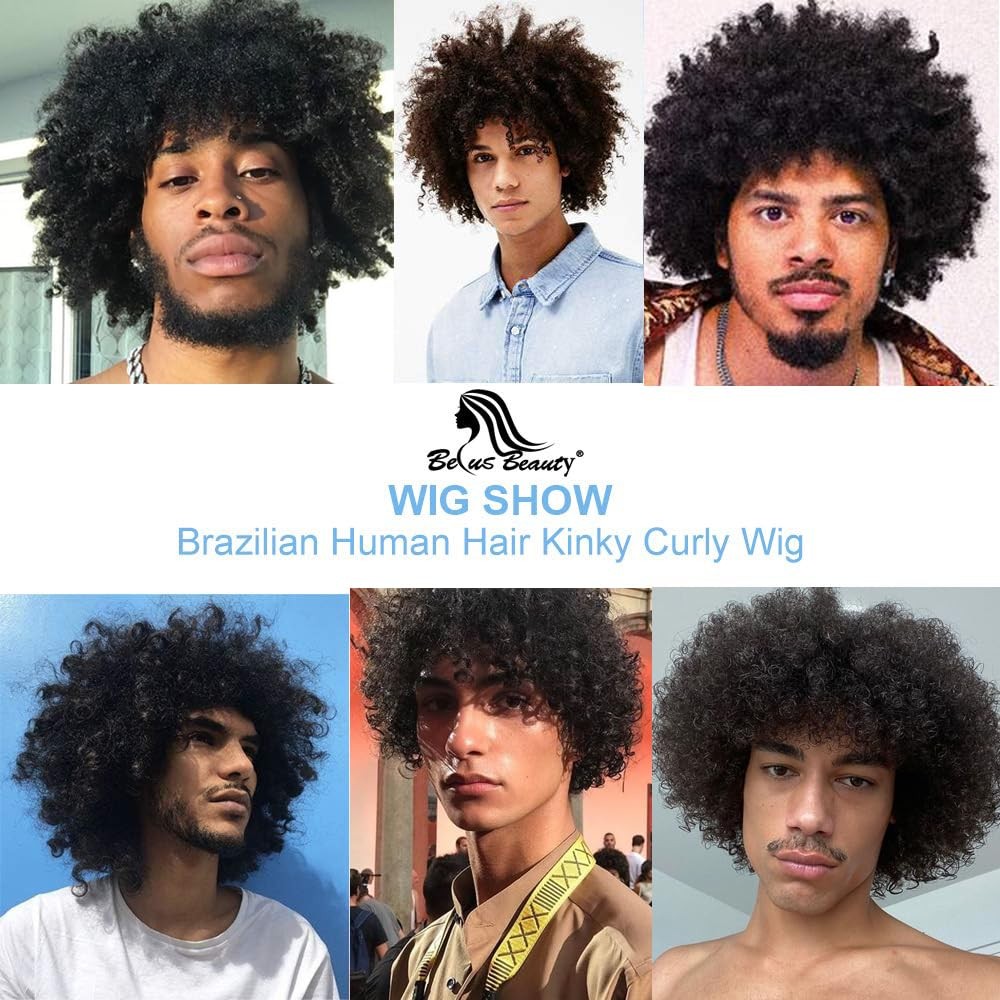 BECUS 8 Inch Afro Wig for Black men Short Kinky Curly Human Hair Wigs for Bla…