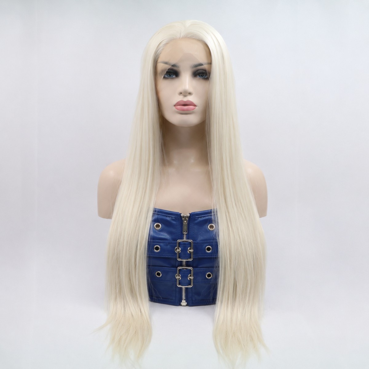 Heat Resistant Hair Bleach blonde Layered Long Straight Frontal Lace Wig