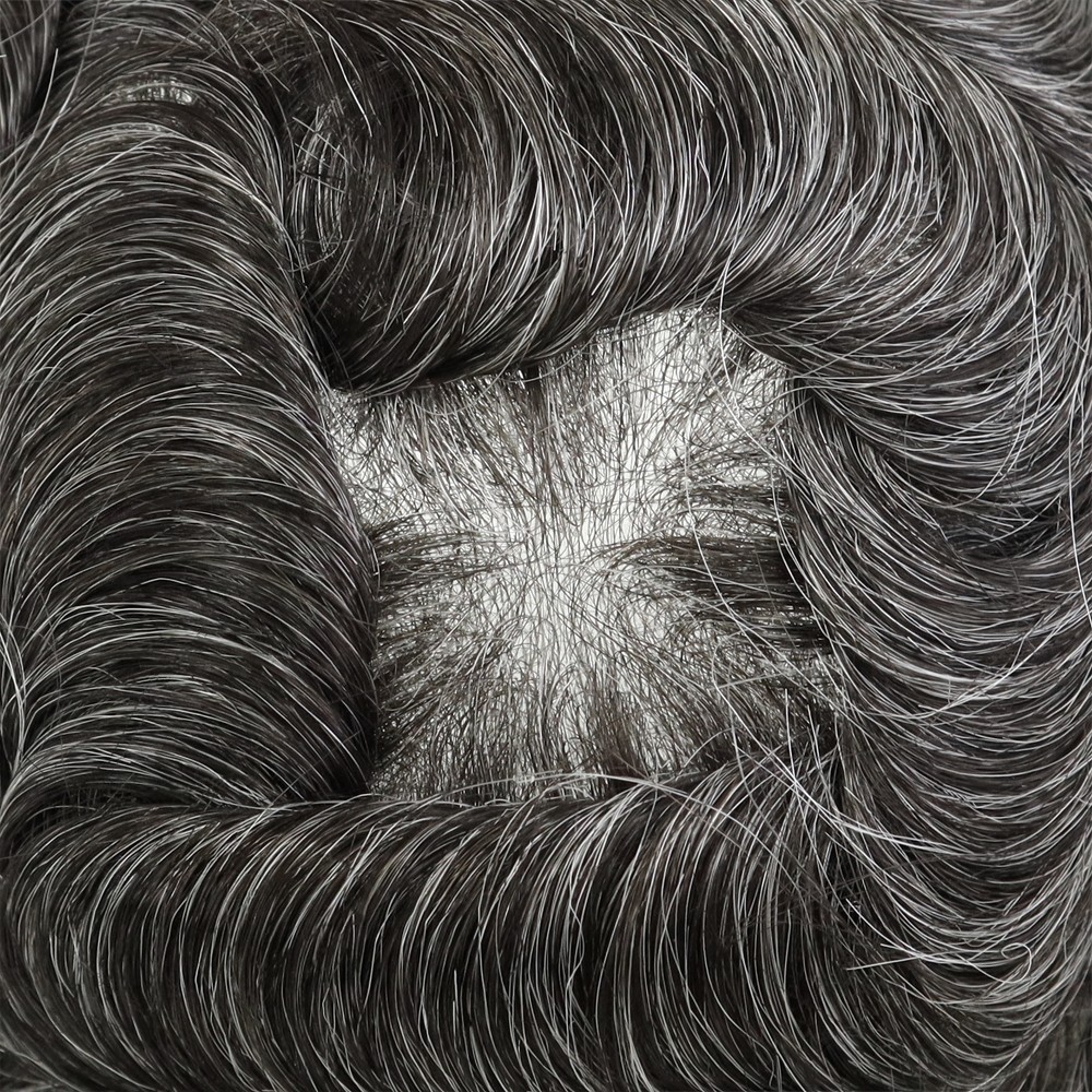 Mens Toupee Human Hair Replacement System Hairpiece Skin Dark Brown with40% Grey