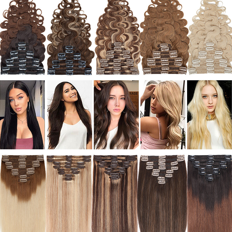 Thick Wavy Double Weft Clip In Full Head Real Remy Human Hair Extensions 8PCS