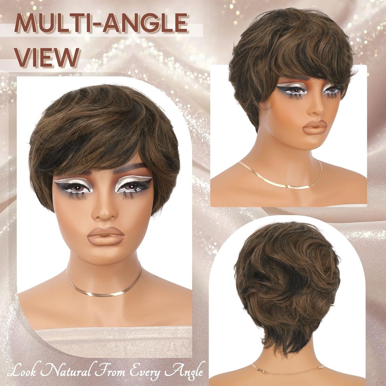 Short Dark Brown Pixie Wig woman natural layer wave synthetic daily party stage
