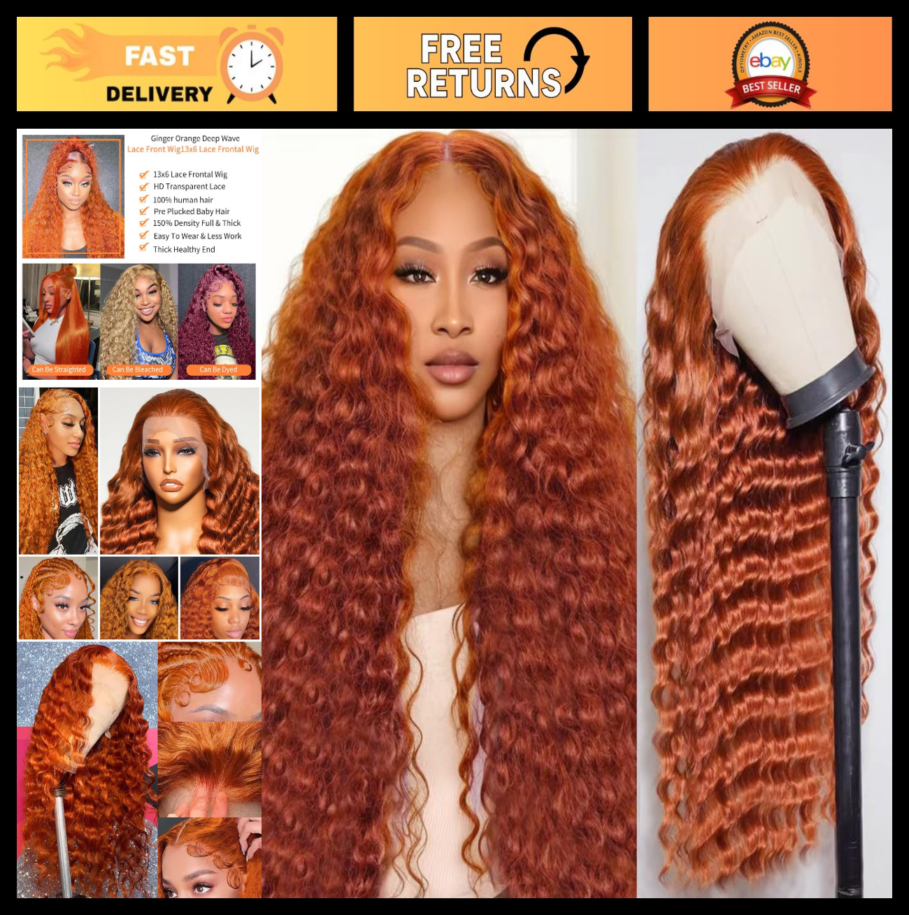 30″ Ginger Human Hair Wig – 13×6 Deep Wave Lace Front, 200 Density Curly Orange,