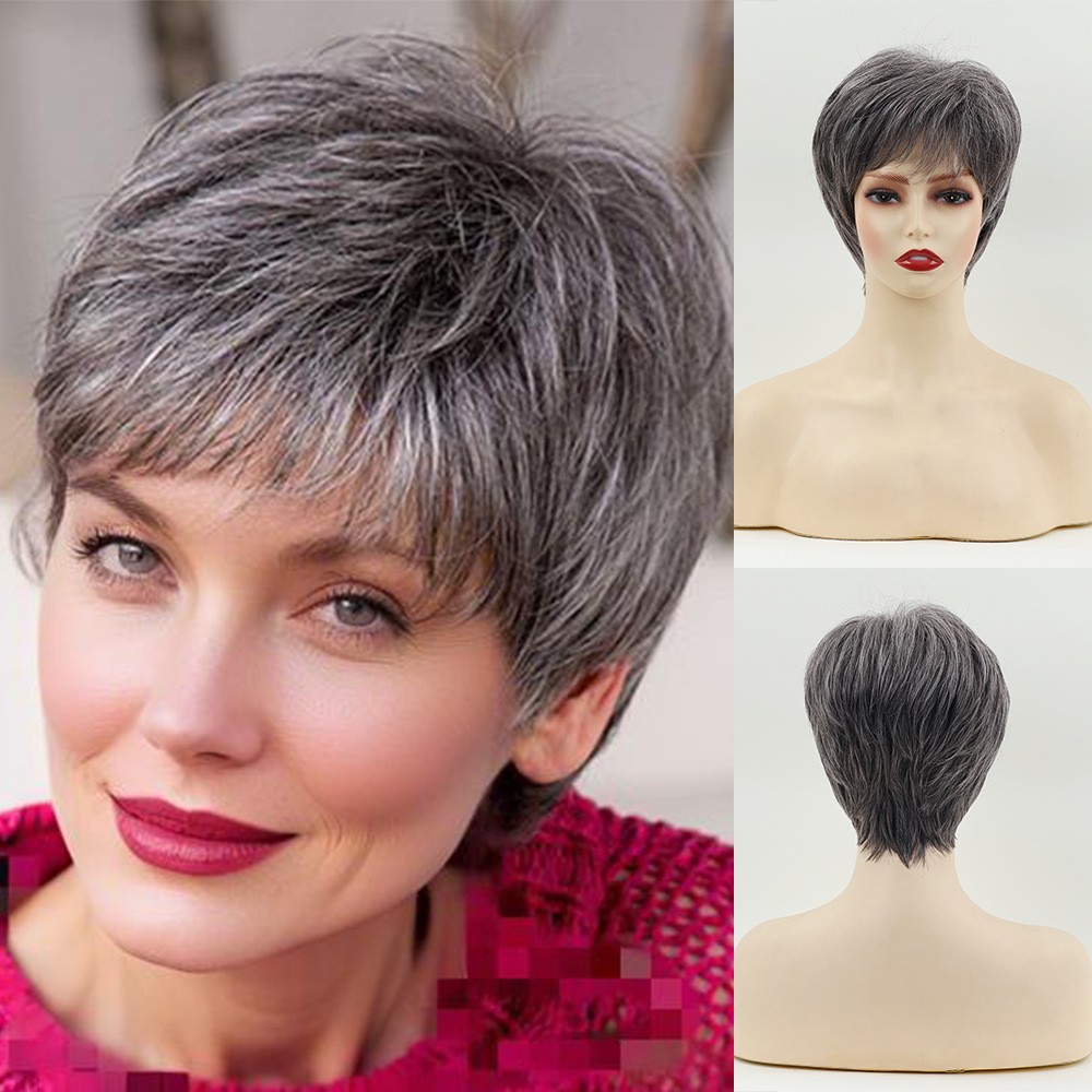 Short Silver Gray Wig for Women 8in Full Heat Resistant Synthetic Cosplay Party