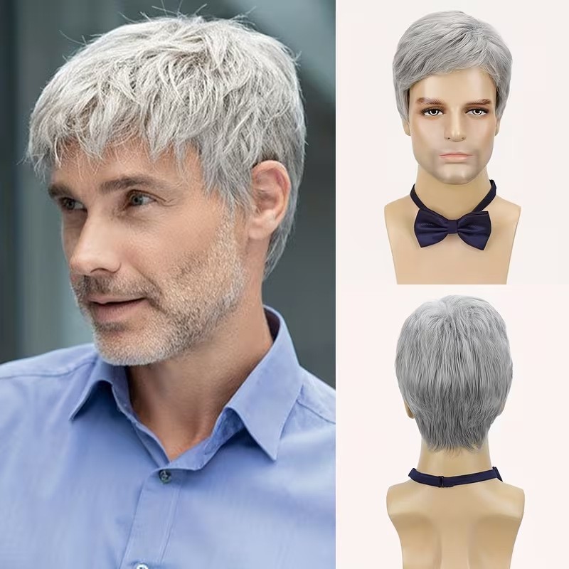 8in Men’s Silver Gray Short Wig Full Wig Party Daily Heat Resistant Synthetic
