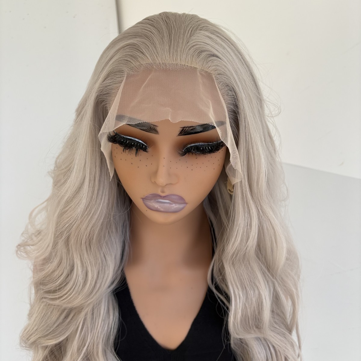 HD T Lace Front Wig Women Layered Silver grey Long Wavy Synthetic Hair