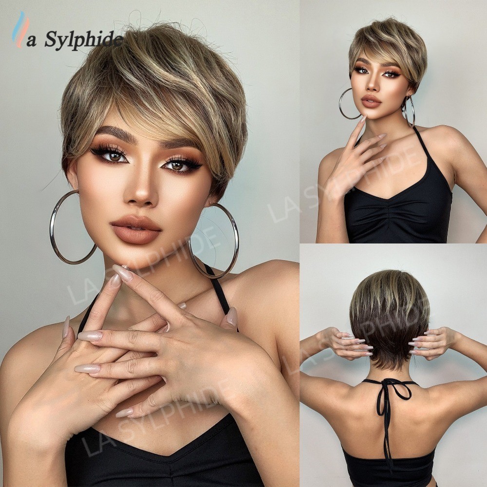 Brown Ombre Golden Short Straight Bob Wig Heat Resistant Synthetic Full Head