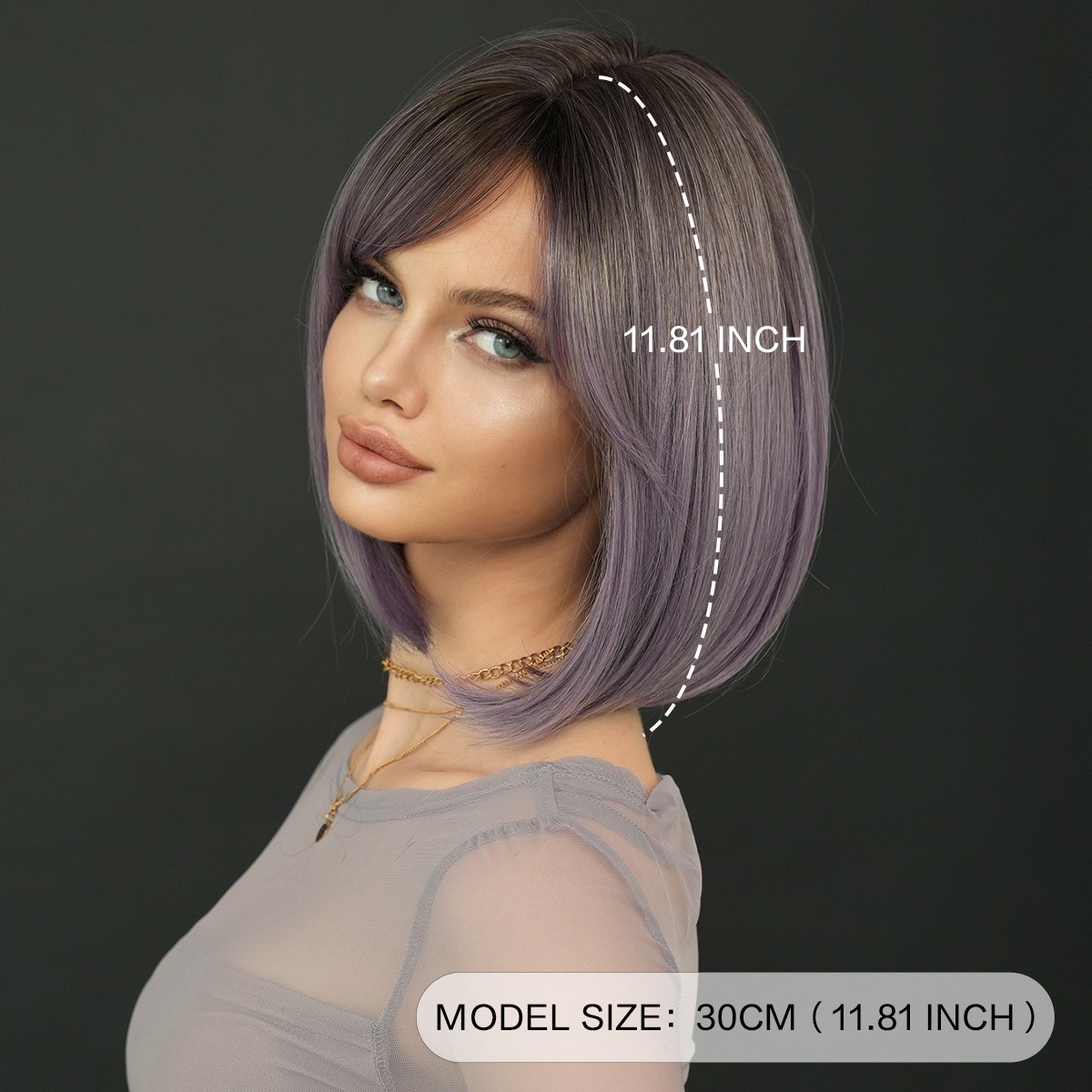 2025 Grey Purple Ombre Short Straight Bob Wig Side Part Bangs Synthetic Full