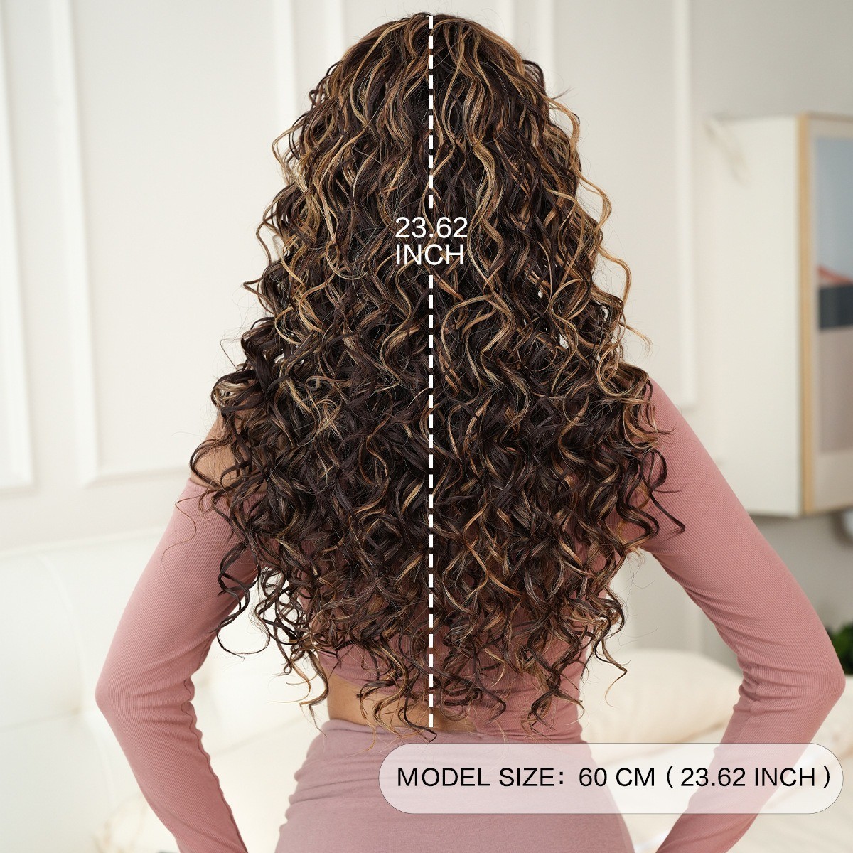 Brown Honey golden curly springy curly long hair with bangs synthetic fibers