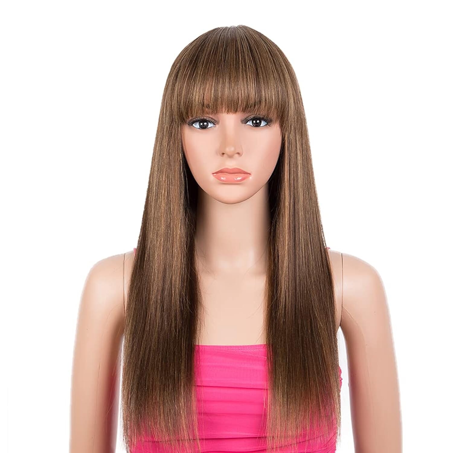 22 Inch Ombre Brown Straight Wig with Bangs, Glueless, Brazilian Virgin Hair