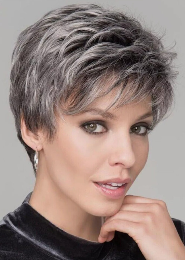 Women fashion 6 Inch Gray Salt and Pepper Short Choppy Layered Capless Wigs