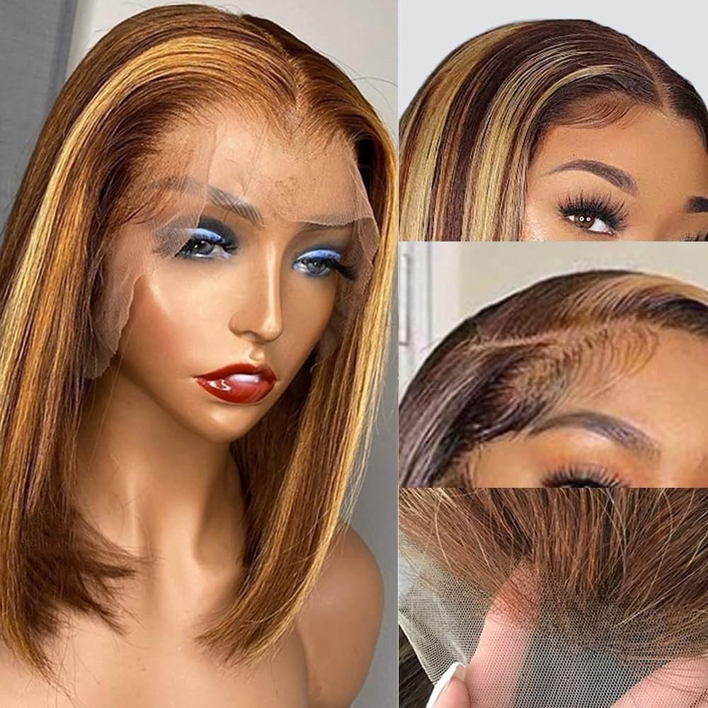 Human Hair 13×4 Lace Front Bob Wigs Honey Blonde Glueless 4/27 Ombre Highlight