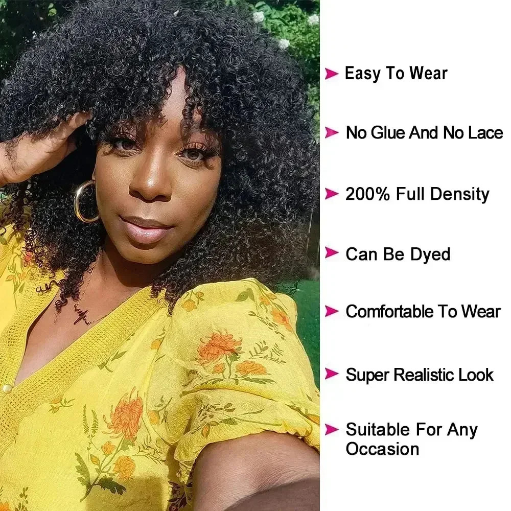 Afro Kinky Curly Wig with Bangs Human Hair 200% Density Short Wig
